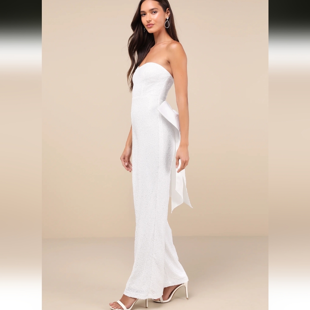 White Sequin Removable Bow Wide-Leg Jumpsuit NWT